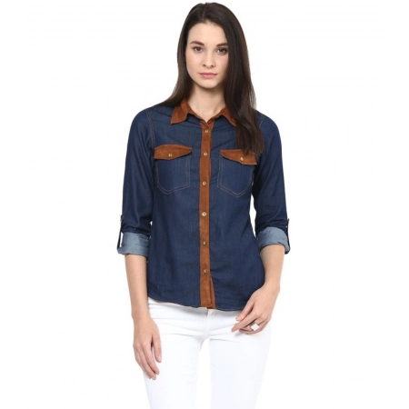 Generic Women's Denim Cotton based Solid Long Sleeves Shirt (Blue)