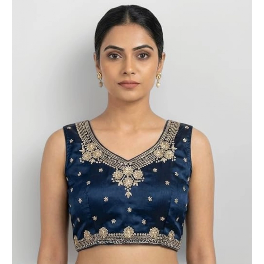 Generic Women's Silk Embroidered V-Neck Sleeveless Readymade Padded Blouse (Blue, Size 38)