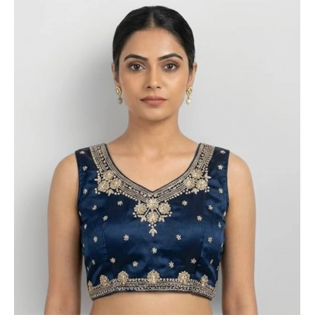 Generic Women's Silk Embroidered V-Neck Sleeveless Readymade Padded Blouse (Blue, Size 38)