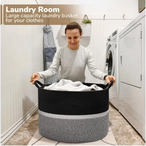 Generic Cotton Dori 16x14 Inch Storage Basket For Clothes With Out Lid (Black-Black-White)