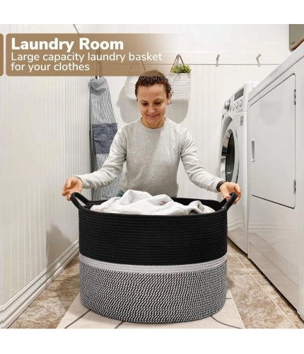 Generic Cotton Dori 16x14 Inch Storage Basket For Clothes With Out Lid (Black-Black-White)