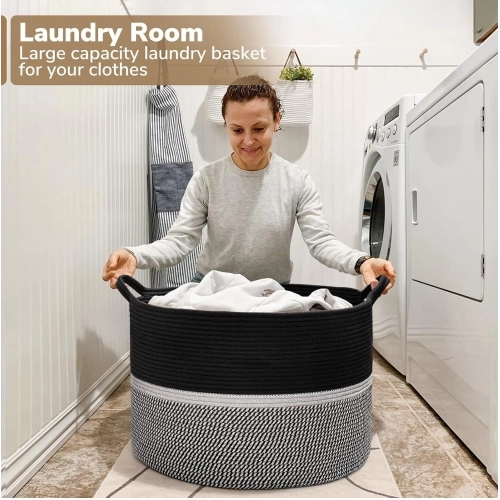 Generic Cotton Dori 16x14 Inch Storage Basket For Clothes With Out Lid (Black-Black-White)