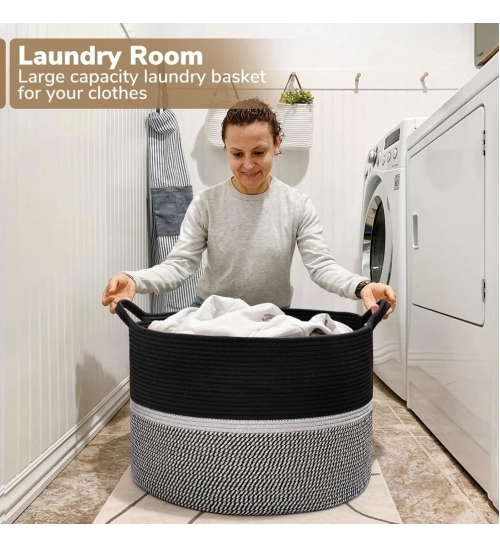 Generic Cotton Dori 16x14 Inch Storage Basket For Clothes With Out Lid (Black-Black-White)