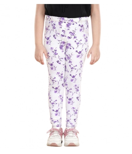 Generic Girl's Cotton Lycra Floral Elasticated Jeggings (White-Lavender) Generic Girl's Cotton Lycra Floral Elasticated Jeggings (White-Lavender)