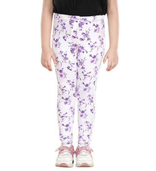 Generic Girl's Cotton Lycra Floral Elasticated Jeggings (White-Lavender) Generic Girl's Cotton Lycra Floral Elasticated Jeggings (White-Lavender)
