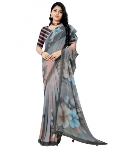 Generic Women's Georgette Floral Printed Saree With Unstitched Blouse 5.5Mtr (Grey)