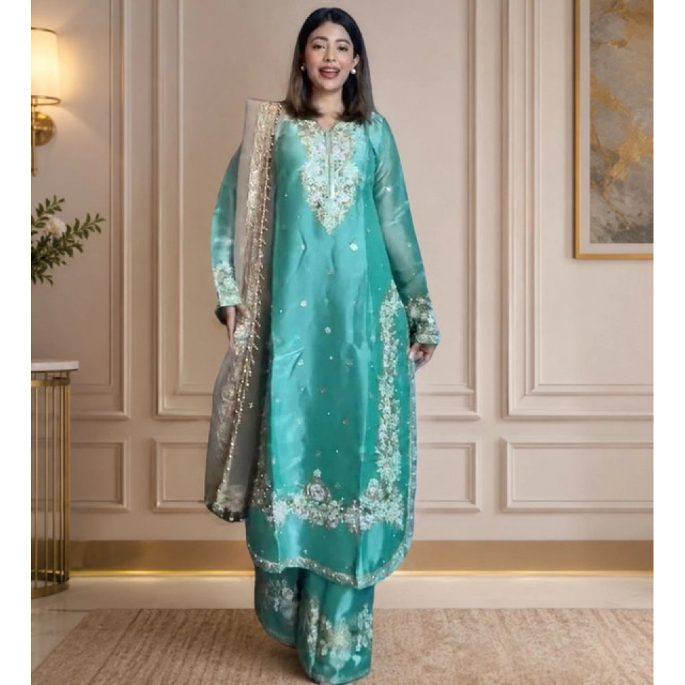 Generic Women's Silk Embroidered 3/4th Sleeve Round Readymade Kurti With Palazzo Pant and Dupatta Set (Sea Green) Generic Women's Silk Embroidered 3/4th Sleeve Round Readymade Kurti With Palazzo Pant and Dupatta Set (Sea Green)