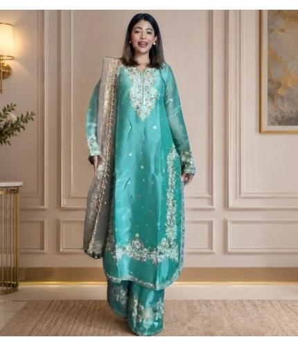 Generic Women's Silk Embroidered 3/4th Sleeve Round Readymade Kurti With Palazzo Pant and Dupatta Set (Sea Green)