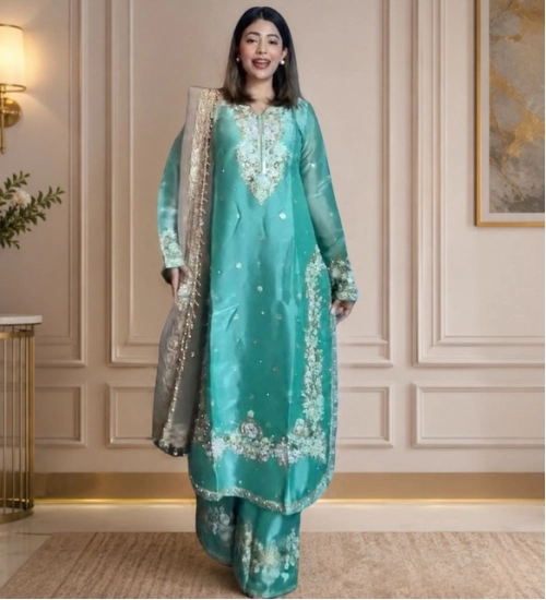 Generic Women's Silk Embroidered 3/4th Sleeve Round Readymade Kurti With Palazzo Pant and Dupatta Set (Sea Green) Generic Women's Silk Embroidered 3/4th Sleeve Round Readymade Kurti With Palazzo Pant and Dupatta Set (Sea Green)