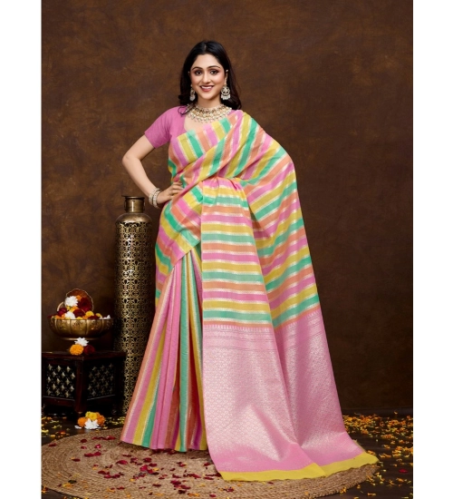 Generic Women's Cotton Blended Printed Saree With Unstitched Blouse 5.5Mtr (Pink)