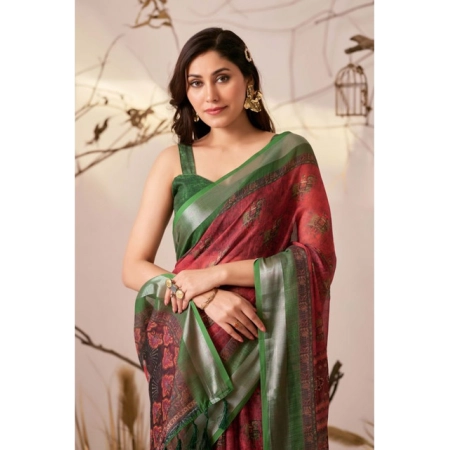 Generic Women's Faux_Linen Printed Saree With Unstitched Blouse 5.5Mtr (Maroon)