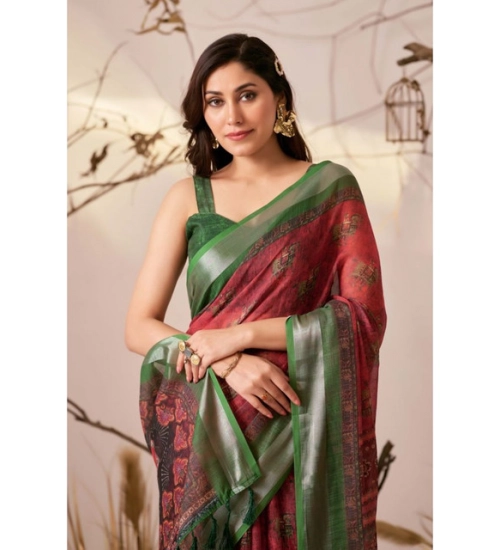 Generic Women's Faux_Linen Printed Saree With Unstitched Blouse 5.5Mtr (Maroon)