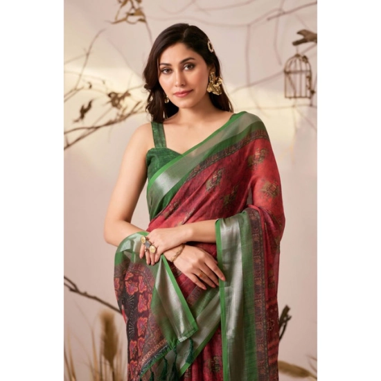 Generic Women's Faux_Linen Printed Saree With Unstitched Blouse 5.5Mtr (Maroon)