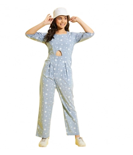 Generic Girl's Cotton Printed 3-4th Sleeve Jumpsuit (Blue - White)
