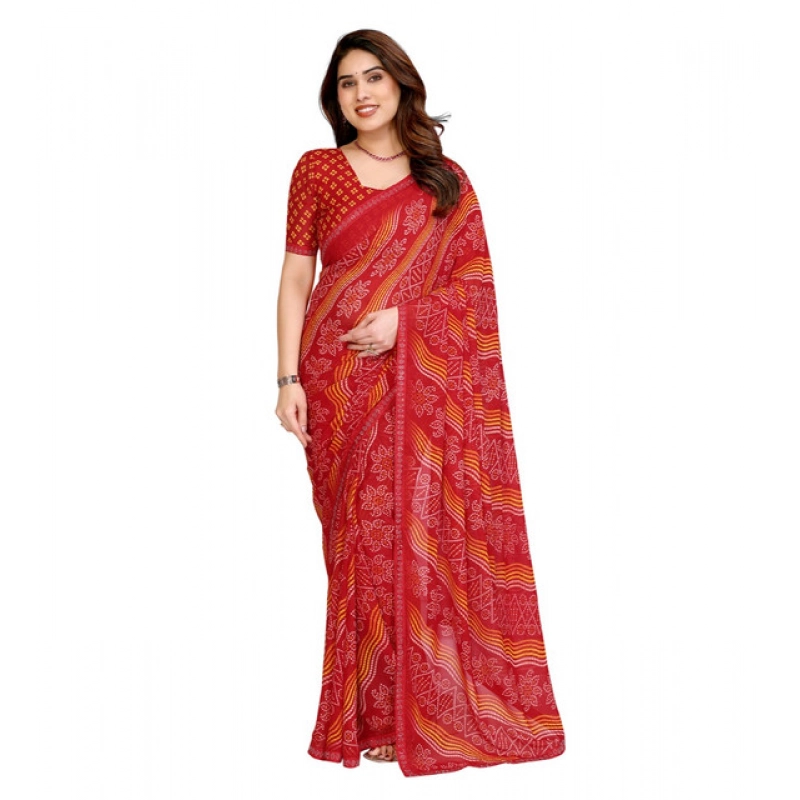 Women's Georgette Printed Saree With Unstitched Blouse 5.5Mtr (Red)