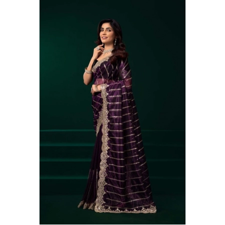 Generic Women's Net Sequence Saree With Unstitched Blouse 5.5Mtr (Wine)