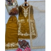 Generic Women's Silk Embroidered 3/4th Sleeve Round Kurti With Palazzo Pant and Dupatta Set (Gold)