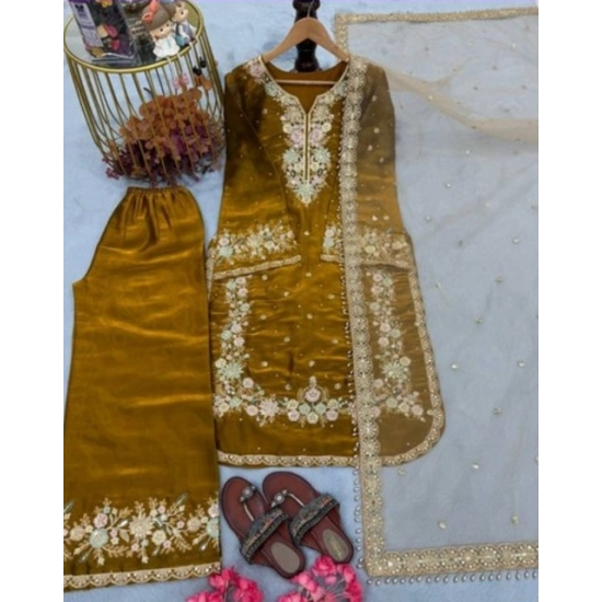 Generic Women's Silk Embroidered 3/4th Sleeve Round Kurti With Palazzo Pant and Dupatta Set (Gold) Generic Women's Silk Embroidered 3/4th Sleeve Round Kurti With Palazzo Pant and Dupatta Set (Gold)