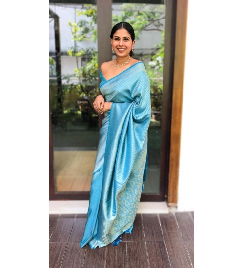 Generic Women's Litchi silk Printed Saree With Unstitched Blouse (Sky Blue)