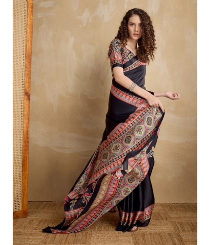 Generic Women's Satin Crepe Printed Saree With Unstitched Blouse 5.5Mtr (Black)
