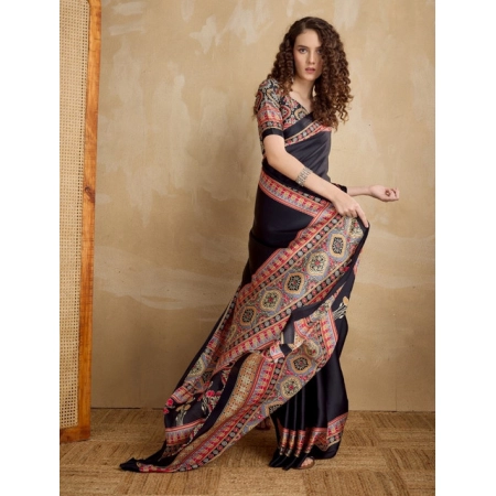 Generic Women's Satin Crepe Printed Saree With Unstitched Blouse 5.5Mtr (Black)