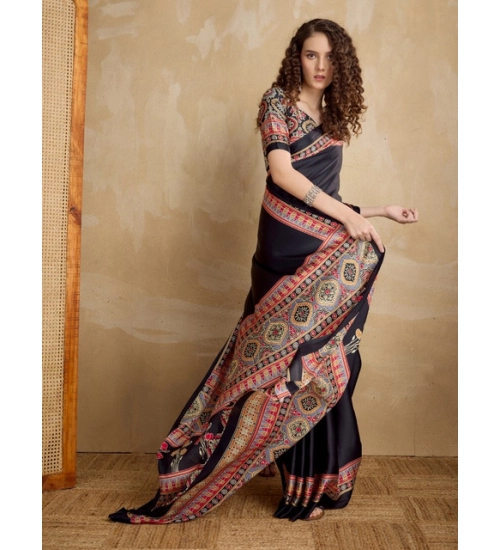 Generic Women's Satin Crepe Printed Saree With Unstitched Blouse 5.5Mtr (Black) Generic Women's Satin Crepe Printed Saree With Unstitched Blouse 5.5Mtr (Black)