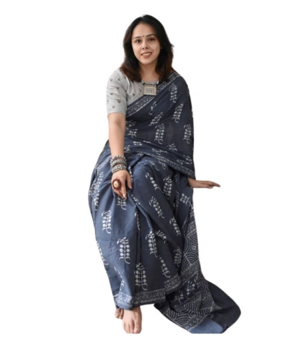 Generic Women's Linen Printed Saree With Unstitched Blouse 5.5Mtr (Grey)