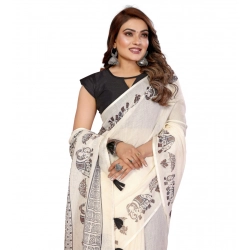 Generic Women's Linen Cotton Printed Saree With Unstitched Blouse 5.5Mtr (Off White)