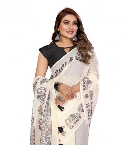 Generic Women's Linen Cotton Printed Saree With Unstitched Blouse 5.5Mtr (Off White)