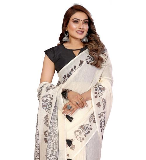 Generic Women's Linen Cotton Printed Saree With Unstitched Blouse 5.5Mtr (Off White)