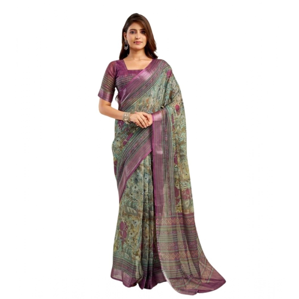 Generic Women's Faux Linen Printed Ready to wear Saree With Unstitched Blouse 5.5Mtr (Multicolor)