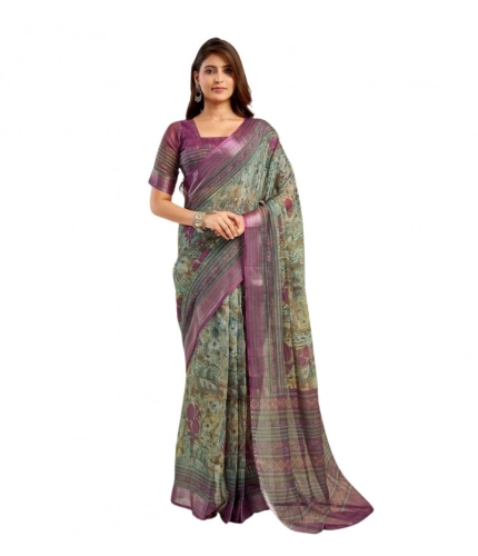 Generic Women's Faux Linen Printed Ready to wear Saree With Unstitched Blouse 5.5Mtr (Multicolor)