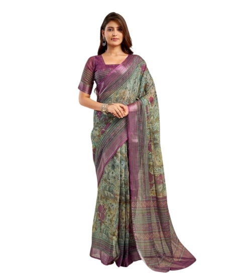 Generic Women's Faux Linen Printed Ready to wear Saree With Unstitched Blouse 5.5Mtr (Multicolor)
