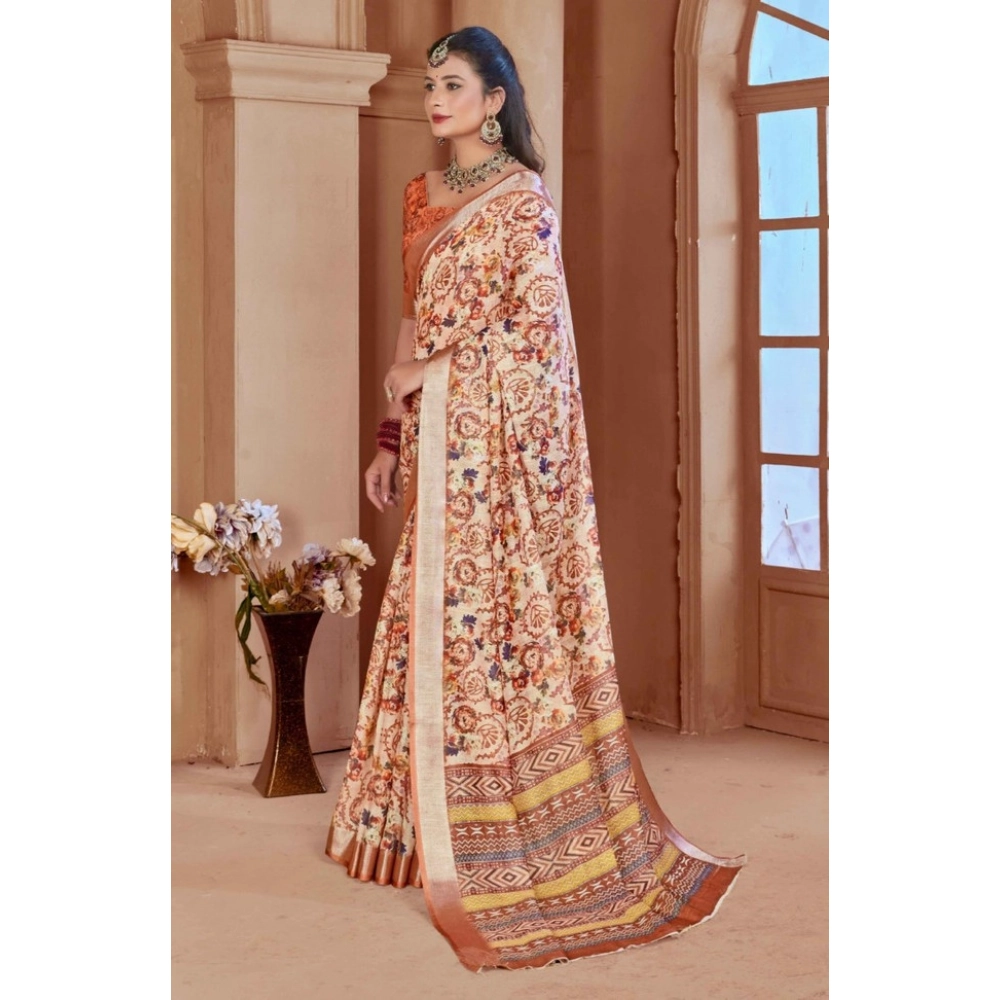 Generic Women's Printed Cotton Linen Saree withPrinted  Saree With Unstitched Blouse (Orange , 5-6Mtrs)
