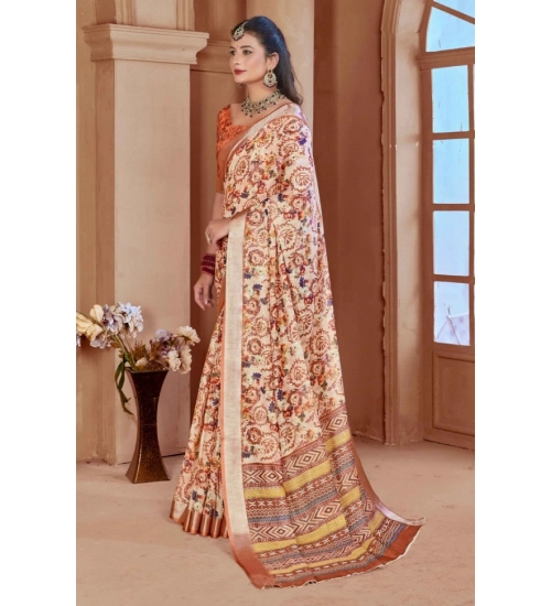 Generic Women's Printed Cotton Linen Saree withPrinted  Saree With Unstitched Blouse (Orange , 5-6Mtrs)
