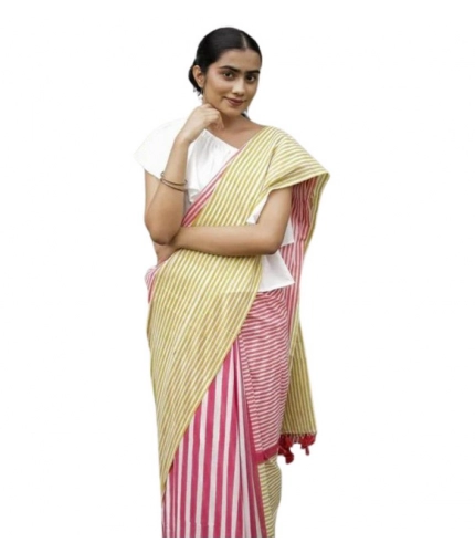 Generic Women's Linen Printed Saree With Unstitched Blouse 5.5Mtr (Yellow)