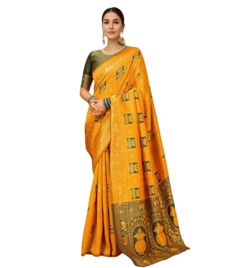 Generic Women's Silk Blend Woven Zari Work Saree With Unstitched Blouse 5.5Mtr (Mustard)