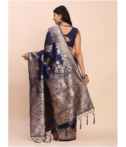 Generic Women's Banarasi Silk Printed Saree With Unstitched Blouse 5.5Mtr (Navy Blue)