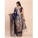 Generic Women's Banarasi Silk Printed Saree With Unstitched Blouse 5.5Mtr (Navy Blue)