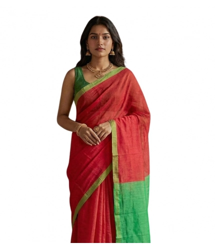 Generic Women's Cotton Printed Saree With Unstitched Blouse 5.5Mtr (Red)