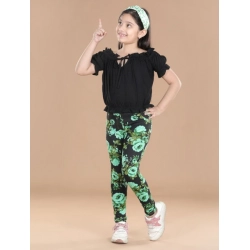 Generic Girl's Cotton Lycra Floral Elasticated Jeggings (Black-Green)