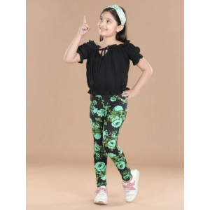 Generic Girl's Cotton Lycra Floral Elasticated Jeggings (Black-Green)