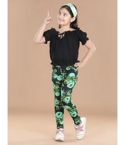 Generic Girl's Cotton Lycra Floral Elasticated Jeggings (Black-Green)