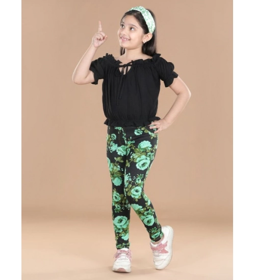 Generic Girl's Cotton Lycra Floral Elasticated Jeggings (Black-Green)