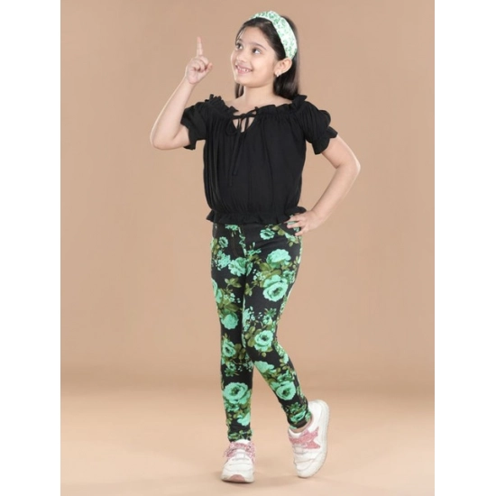 Generic Girl's Cotton Lycra Floral Elasticated Jeggings (Black-Green) Generic Girl's Cotton Lycra Floral Elasticated Jeggings (Black-Green)