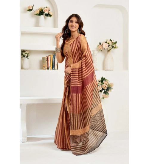 Generic Women's Linen Cotton Printed Ready To Wear Saree With Unstitched Blouse 5.5 Mtr (Brown)