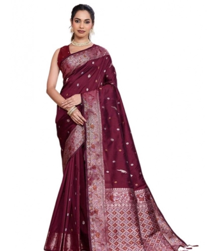 Generic Women's Jacquard Woven Saree With Unstitched Blouse 5.5Mtr (Maroon)