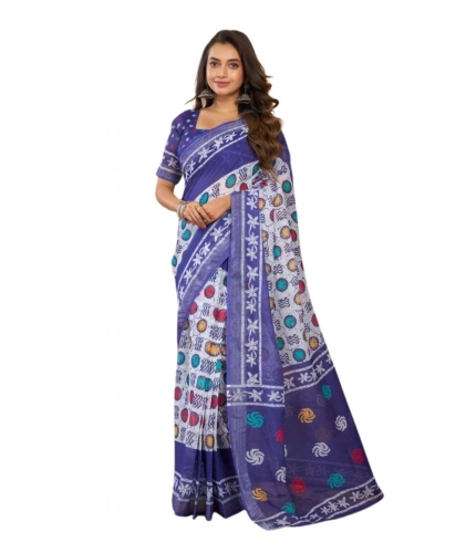 Generic Women's Faux Linen Geometric Print Ready to wear Saree With Unstitched Blouse 5.5Mtr (Blue)