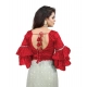 Generic Women's Organza Solid V Neck Layered Ruffle Sleeve Readymade Blouse (Red Free Size , up to 38–40 Bust)-PID65858