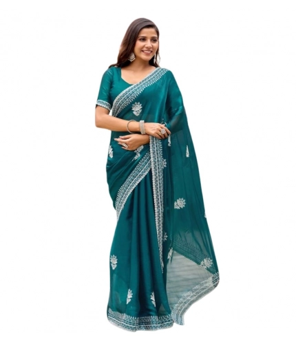 Generic Women's Faux Shimmer Floral Embroidery Ready to wear Saree With Unstitched Blouse 5.5Mtr (Teal) Generic Women's Faux Shimmer Floral Embroidery Ready to wear Saree With Unstitched Blouse 5.5Mtr (Teal)